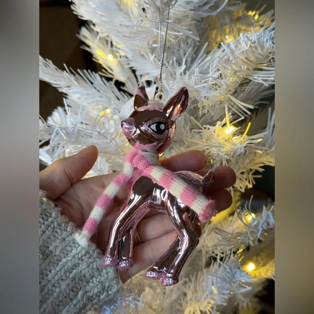 Pink Metallic Reindeer Ornament with Scarf